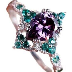 Pear Cut purple Sapphire & Emeralds Engagement Wedding Ring Set in Titanium